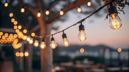 Warm glowing string lights illuminate an outdoor evening scene creating a cozy and inviting ambiance for gatherings and celebrations