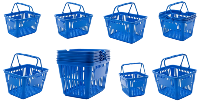 Collection of various blue plastic shopping baskets and containers isolated on transparent background