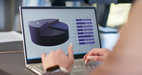 Opening laptop, female analyst updating data and navigating pie and bar charts at desk - Powered by Adobe