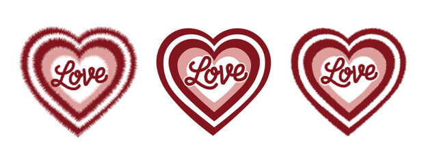 Three love heart designs with different textures furry solid shapes and a cursive inscription vector illustration