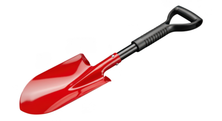 Red garden shovel with black handle isolated on transparent background