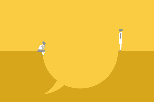 two woman on opposite edges of a large chat bubble