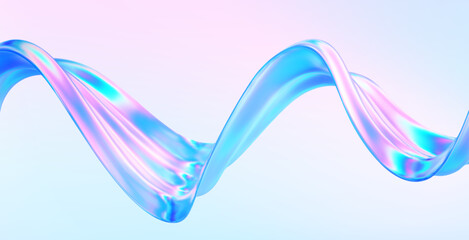 3d glass abstract wave flying. Gradient background liquid ribbon form. Hologram y2k spiral shape iridescent texture. Holographic ribbon glass effect. Vector music poster, futuristic tech template