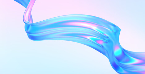 3d glass abstract wave. Gradient background with liquid flow ribbon form. Hologram blue pink curve element iridescent effect. Vector illustration for abstract music poster, futuristic tech template