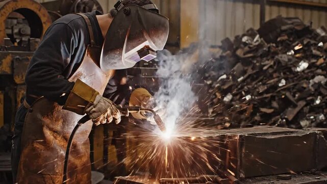 Welder in Protective Gear Welding Metal with Bright Sparks in Industrial Workshop