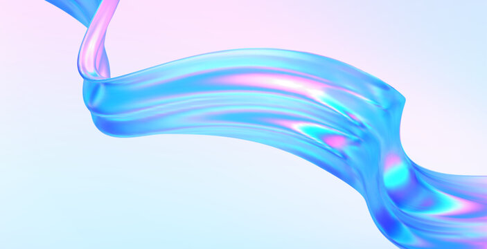 3d glass abstract wave. Gradient background with liquid flow ribbon form. Hologram blue pink curve element iridescent effect. Vector illustration for abstract music poster, futuristic tech template