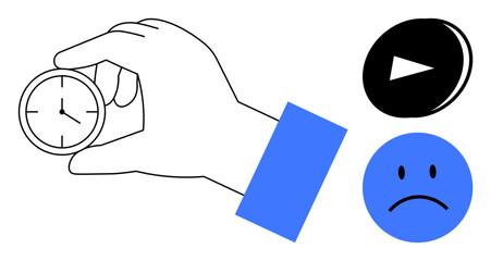Clock held in hand symbolizes time, paired with a sad face and play button motif. Ideal for time management, stress, deadlines, decision-making, productivity, emotions simplicity. Expresses simple