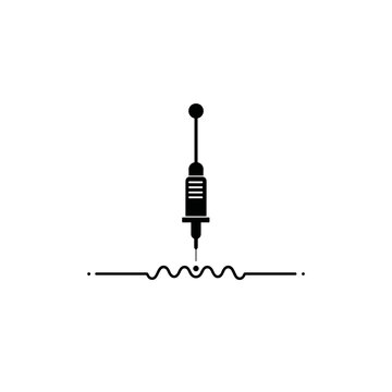 Minimalist black electrocautery device icon with a vertical handle and fine electrode tip over a wavy line