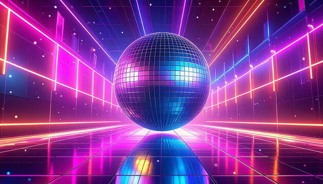 Black sphere on abstract red and blue neon background with bright ray halo
