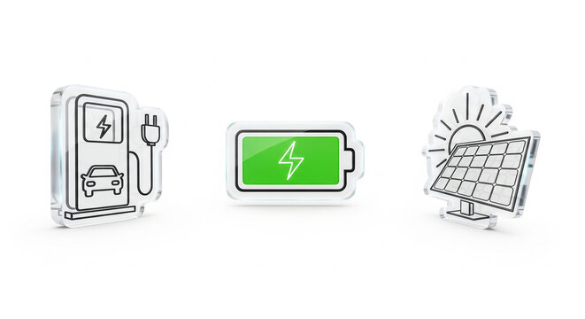 Electric Car Charging, Battery, and Solar Panel Sustainable Energy Icons