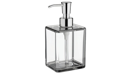 Modern transparent soap dispenser with chrome pump for bathroom decor or personal care product presentation with a clean minimalistic aesthetic isolated on white or transparent png.