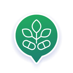 Vegan capsules icon with plant and pills, line vector