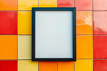 A vibrant wall made of colorful tiles provides a striking backdrop for a blank wooden frame. The frame, placed centrally against the tiles, invites creativity and personalization.