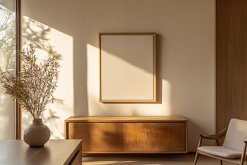 Modern interior with empty large frame on wall, dresser and wooden furnitur, natural light and minimalist decor in a warm, inviting space and neutral tones. Mockup with copy space