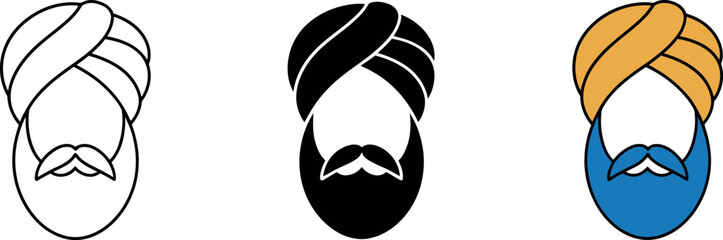 Set of Sikh man face icons featuring traditional turban and beard symbolizing cultural identity