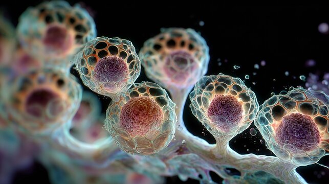 Intricate Microbial Structures Showcasing Cellular Interactions Under a Microscope with Vivid Colors and Anatomical Detail