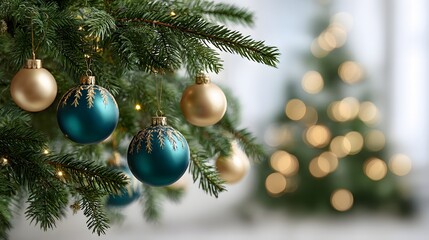 A close-up of evergreen branches adorned with teal and gold Christmas ornaments, with a blurred, lighted Christmas tree bokeh in the soft background.