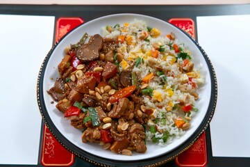Traditional chicken xadrez with colorful chop suey rice