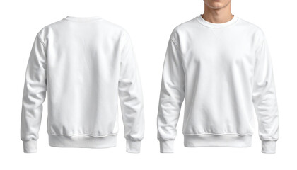 White sweatshirt shown from the front on a person and from the back, crew neck, long sleeves, isolated on a neutral background