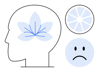 Mental health concept. Mental health illustrated with a brain and emotional symbols focusing on balance and emotional well-being. Mental health in psychology, wellness, education, healthcare