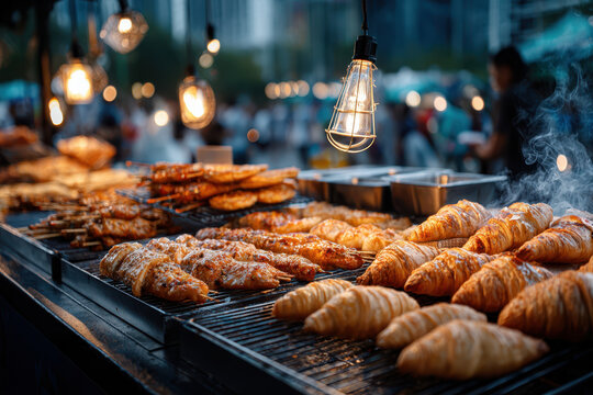 Grilled chicken and croissants at a night market