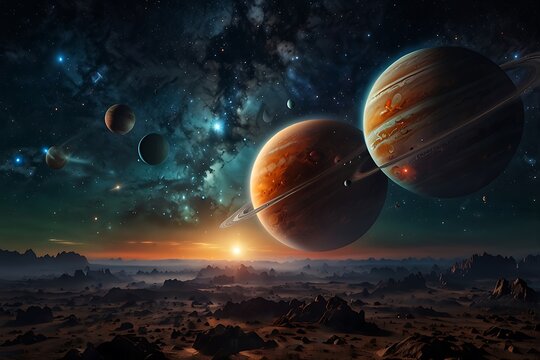 Blue planet in the night sky surrounded by stars and a bright galaxy in the universe