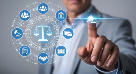 Legal technology concept with a person touching a digital gavel icon