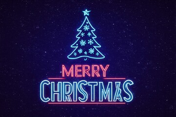 Neon Merry Christmas Sign with Glowing Tree and Snowflakes on Dark Brick Background