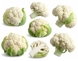 Cauliflower collage, whole and sectioned, white background