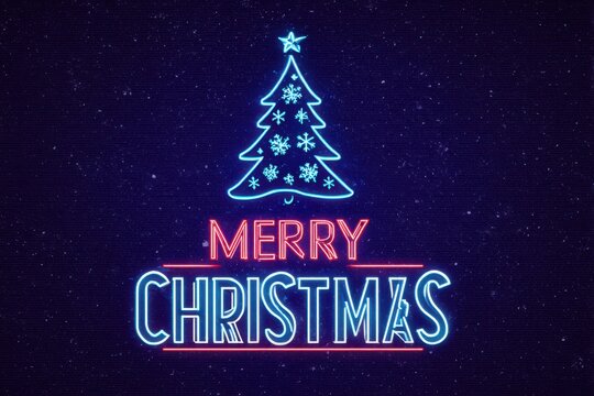 Neon Merry Christmas Sign with Glowing Tree and Snowflakes on Dark Brick Background