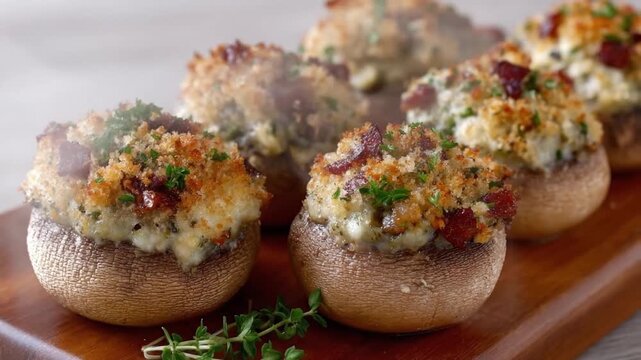 A tantalizing close-up displays golden-brown stuffed mushrooms, elegantly arranged on a rustic wooden board. Each mushroom is generously filled with a creamy, savory mixture, crowned with crispy bread
