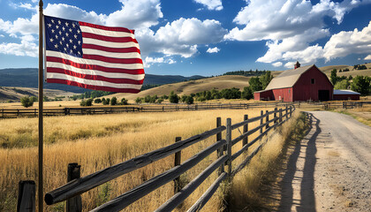 American flag flies over golden field with rustic fence leading to red barn. Gentle hills roll in background under cloudy sky