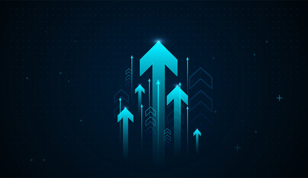 Multiple neon arrows ascend beneath a large glowing arrow, visualizing success, acceleration, and the forward movement of modern technology. Vector illustration
