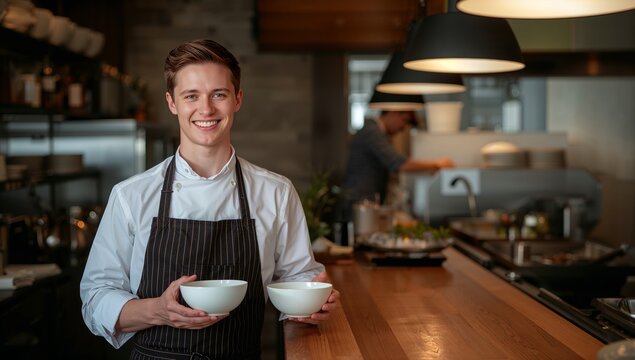 Young Chef Smiles While Serving Dishes in a Busy Restaurant Kitchen During Dinner Service