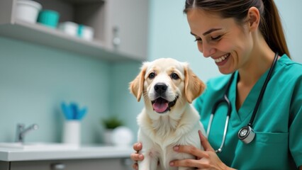 A woman in green scrubs holds a dog, perfect for medical or pet-related themes