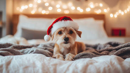 Fluffy dog in a festive Santa hat resting comfortably on a cozy wool rug near a warm fireplace with Christmas presents all around