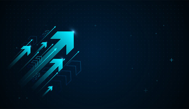 The glowing top arrows symbolizes leadership, innovation as many smaller arrows push upward in a data-driven digital landscape. luminous arrows move upward