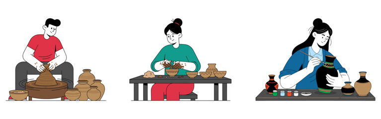 Pottery making people crafting clay bowls and decorating ceramic vases with hands-on wheel work and artistic detailing in workshop scene. flat vector illustration