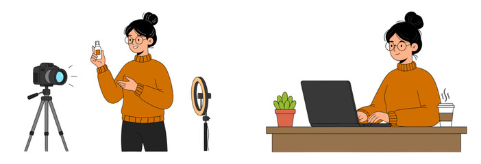 Girl creating content by recording a product video with camera and ring light, then working on laptop to edit and upload her footage, showing modern digital creator workflow. Flat vector illustration