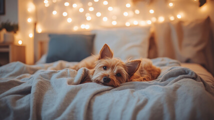 Cozy winter evening with a small dog relaxing on a flannel-covered bed adorned with fairy lights in a modern bedroom