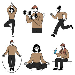 Set of six people doing various fitness activities including yoga, weightlifting, running, skipping, meditation and hydration. flat vector illustration