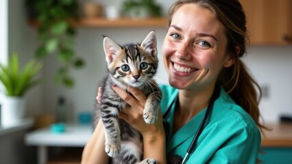 A woman cradles a kitten in her arms, a heartwarming scene