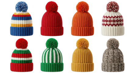 Collection of colorful knitted winter hats isolated on transparent background