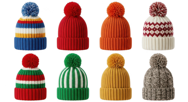 Collection of colorful knitted winter hats isolated on transparent background