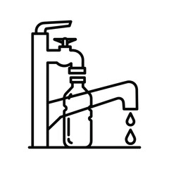 Simple line icon illustration of filling a reusable water bottle from a running faucet, isolated on