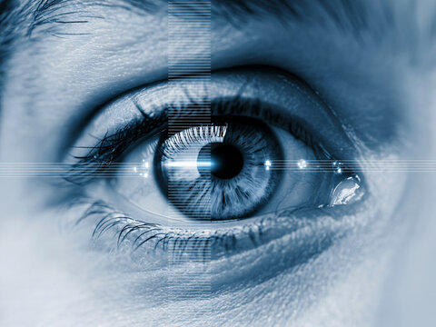 Intriguing close-up of a human eye with glowing digital lines, perfect for conveying futuristic vision, technology, and cutting-edge innovation concepts