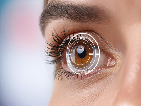 Stunning close-up of a brown eye with targeting overlay, perfect for vision correction, medical technology, or futuristic concepts that need a focal point