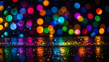 Vibrant bokeh lights of various colors create an abstract festive background. The defocused circular shapes offer a dazzling, celebratory atmosphere with space for text.
