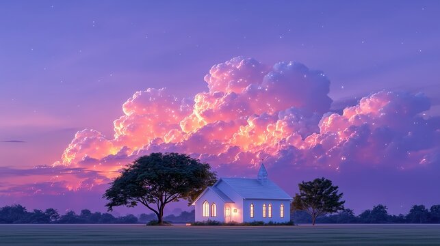 White chapel in a field under a dramatic sky with glowing pink and purple clouds and sparkling stars at dusk - Powered by Adobe