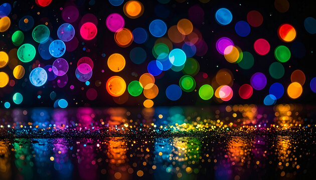 Vibrant bokeh lights of various colors create an abstract festive background. The defocused circular shapes offer a dazzling, celebratory atmosphere with space for text.
 - Powered by Adobe